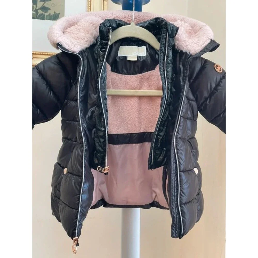 Michael Kors Girls Double Zip Puffer Jacket Black Pink Faux Fur Hood Sz 2T